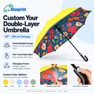 Paraguas de Golf de Doble Capa con Ventilación, Mango Curvo de Plástico, 130 cm de Diámetro, Color Sólido en el Exterior, Diseño Floral en el Interior, Personalizable con Logotipo - Product Image 1