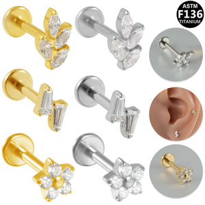 Piercing de lèvre et de cartilage en alliage G23, motif feuille de fleur, zircon, revêtement titane, avec filetage interne, bijoux de piercing tendance - Product Image 1