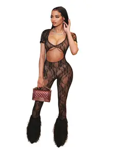 2024 Sexy Women's Lace Sleeves Open Navel Jumpsuit Pants
