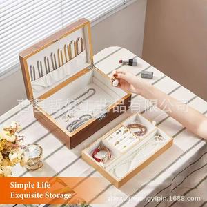 Wooden Jewelry <b>Storage</b> Box Double Layer With Drawer For <b>Rings</b> Necklaces Bracelets And Watches Gift Box Solid Color Rectangle - Product Image 2