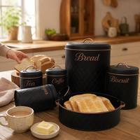 Ensemble de boîtes à pain modernes de luxe en fer mat avec accents or rose, pots de rangement de cuisine portables, thermiques et durables pour café et thé