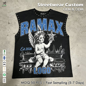 เสื้อยืดแขนกุดผู้ชายแบบมีหมุดประดับเพชรเทียมลายกราฟิกวินเทจรูปนางฟ้า เสื้อกล้ามทรงหลวมสไตล์สตรีทแวร์ ตัดเย็บแบบโอเวอร์ไซส์ รูแขนกว้าง รับผลิตแบบ OEM - Product Image 1
