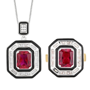 New Arrival Eco-friendly Copper 8*10mm Red Zircon <b>Iced</b> <b>Out</b> Diamond Vintage Square Shaped Necklace and Earrings Jewelry Set - Product Image 1