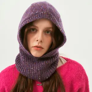 หมวกไหมพรมเด็กผู้หญิงหมวกไหมพรมสีม่วงผ้าสแปนเด็กซ์ผ้าโพลีเอสเตอร์สำหรับฤดูหนาว