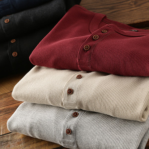 Original de fábrica personalizar hombres <span class=keywords><strong>manga</strong></span> <span class=keywords><strong>larga</strong></span> de punto de algodón cuello Henley Diseño 3 botones estilo Waffle camiseta - Product Image 5