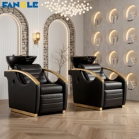 Fauteuil de Barbier en Acier Inoxydable Doré avec Massage et Rehausseur Électrique pour les Jambes, Lit de Lavage Personnalisable, Bac en Céramique Noir