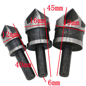 Juego de Tres Fresas de Acero al Carbono para Biselado, 12/16/19 mm, Cinco Cuchillas, Vástago Hexagonal de 90 Grados, Avellanador para Trabajar la Madera - Product Image 1