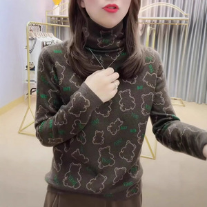 Women's High Neck Knit Top Brown Bear Pattern Long Sleeve Soft Warm Base Layer Shirt For Middle Aged Mothers - Product Image 2