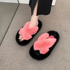 new winter wholesale women furry slipper at home high heels cute pink plush fashion girl slide sandals brand famous low prices