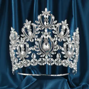 QS批发高尺寸钻石皇冠奢华水晶选美大赛圆形可调皇冠
