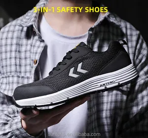 Sapatos de segurança de cabeça de plástico malha respirável couro microfibra forro sanduíche sapatos com palmilha de esponja elástica