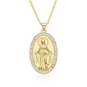Colar com pingente da Virgem Maria em forma oval banhado a ouro Cruz Cristã Medalha Milagrosa Colares Religiosos Joias