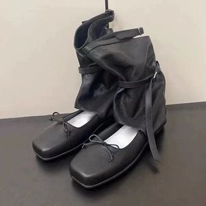 Black Genuine Leather Square Toe Ballet Flats <b>With</b> Adjustable Strap And <b>Bow</b> Decoration Slip-On Flat <b>Shoes</b> For Women - Product Image 1