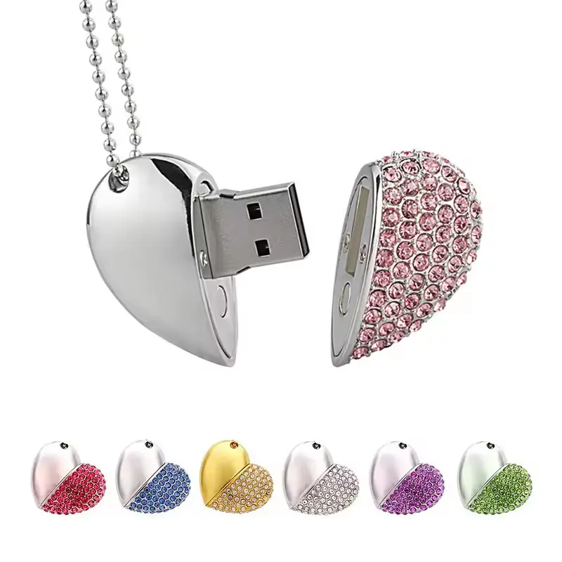 2024 New Design Heart-Shaped USB Stick Jewelry USB Flash Drive 1GB 2GB 4GB 8GB 16GB 32GB 64GB 128GB 256GB Diamond Pen Drive