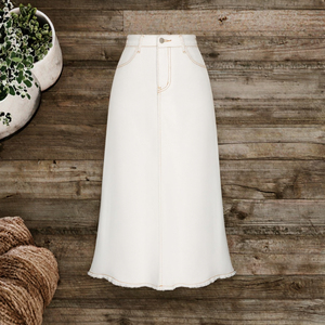 Falda vaquera maxi vintage <span class=keywords><strong>Belle</strong></span> Poque con corte en A, cintura alta elástica y bajo deshilachado para mujer, blanca, talla XX-Large - Product Image 3