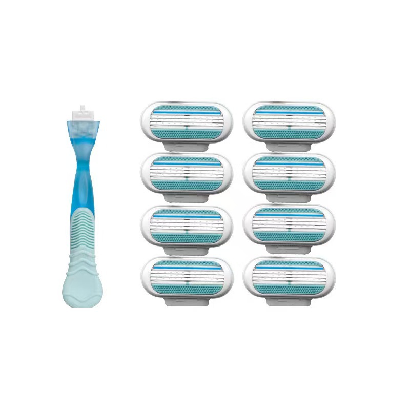 Transparent blue 1-blade holder, 8 blades [OPP bag packaging]