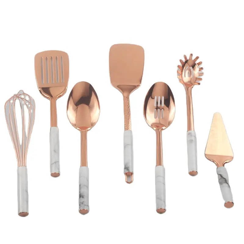 Rose Gold Đồng Mạ Cấp Thực Phẩm Thép Không Gỉ Đồ Dùng Nhà Bếp Đồ Dùng Nhà Bếp Set Đá Cẩm Thạch Xử Lý Công Cụ Nấu Ăn Bộ