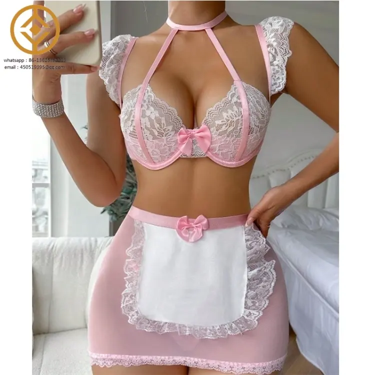 H7147C Erotic Lingerie Maid Outfit Lace Ruffled Skirt Translucent Halter Bra Matching Intim Goods Sissy Fancy Underwear
