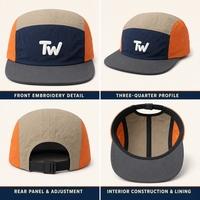 Casquette de sport imperméable personnalisable avec logo, 5 panneaux, visière plate, tricolore, lettres brodées en relief, pliable et légère