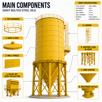 Silo en acier boulonné robuste 2000T, réservoir de stockage de ciment et de cendres de 12500 mm de diamètre avec 8 pieds de support pour travaux de construction