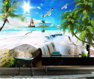 Mural de pared de playa moderno barco Gaviota papel tapiz 3D decoración de sala de estar comedor sofá papel de pared - Product Image 3