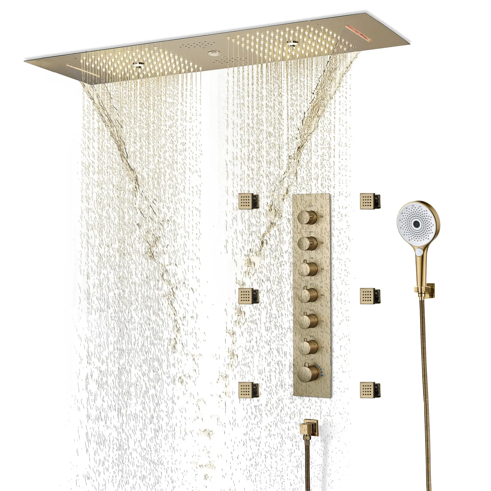Luxury Brushed Gold Copper 900*30mm4 Function LED Music Stainless Steel Top Spray Ceiling Concealed Shower Set