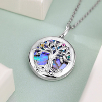 Pendentif commémoratif Grace Vintage pour femme en argent sterling 925 plaqué rhodium avec coquille d'ormeau et médaillon photo Arbre de vie/Arbre genealogique