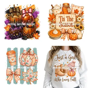 Pegatinas DTF Termoadhesivas Lavables de Transferencia de Calor con Diseño de Calabaza y Flor de Otoño, Listas para Prensado en Ropa - Product Image 1