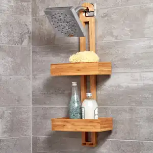 Soporte de pared para ducha de cocina, estante organizador de almacenamiento montado en la pared, estante de esquina de baño de madera de Bambú