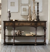 Console classique traditionnelle en bois massif, table d'entrée en noyer foncé antique avec tiroirs et étagères