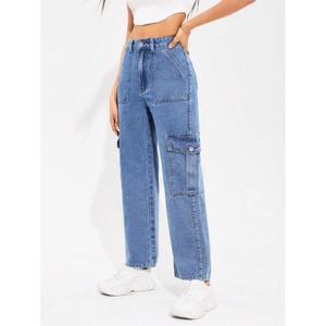 Women's High Rise Light Blue Denim <b>Cargo</b> Stretch Jeans 6-Pocket Clean Look Solid Eco-Friendly Durable Plating Modern <b>Wide</b> <b>Leg</b> - Product Image 3