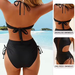 Maillot de bain une pièce tendance pour femme, col halter, découpes en maille, froncé avec cordon de serrage - Product Image 3