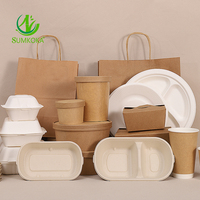 SUMKOKA BPI – Vaisselle jetable biodégradable en pulpe de papier et bagasse de canne à sucre : gobelets, bols, assiettes, boîtes à lunch