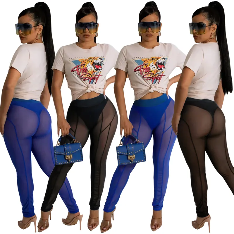 ladies 2022 summer design seamless transparent blue black sexy women high waist mesh leggings outfits with panties for women