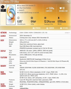 Nubia Z70 Ultra รุ่น Starry Night หน้าจอ 6.85 นิ้ว ความละเอียด 1.5K 144Hz ระบบปฏิบัติการ Android <span class=keywords><strong>15</strong></span> มาตรฐานกันฝุ่นและน้ำ IP69 สมาร์ทโฟนเรือธง 5G - Product Image 6