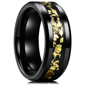 Mode Sieraden 8Mm Zwart Wolfraam Carbide Ring Goud Folie Inlay Trouwband Verguld Ringen Voor Mannen Ringen