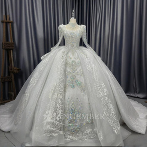 Robe de mariée de luxe Lscm61, longue traîne, coupe princesse, manches longues, perles lourdes, haute qualité, style féerique, Jancember - Product Image 4