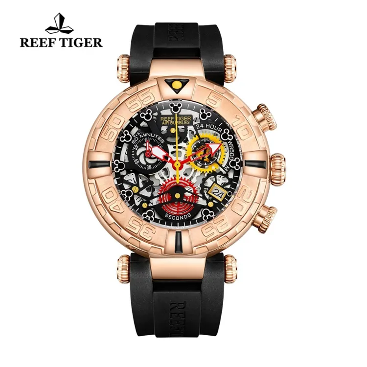 RÉCIF TIGRE RGA3059-S Top Marque Hommes Sport Montres Chronographe En Or Rose Montres Squelette Imperméable reloj hombre masculino