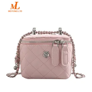 Bolsa de corrente pequena com cheque de diamante, bolsa feminina quadrada pequena com caixa rosa, com um ombro diagonal