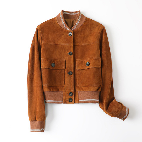 602 Women's Gold Brown Suede Sheepskin Leather Jacket Collarless Spliced Casual Coat