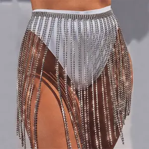 2024 Sexy Phụ Nữ Rhinestone Glitzy Váy Lễ Hội Fringe Clubwear Lấp Lánh Kim Cương Kỳ Nghỉ Bãi Biển Váy Eo Chuỗi