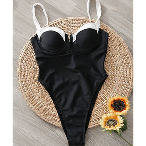 <span class=keywords><strong>Maillot</strong></span> <span class=keywords><strong>de</strong></span> <span class=keywords><strong>bain</strong></span> une pièce pour femmes, avec bordure contrastée, encolure en V, dos noué, bretelles réglables, coupe haute, pour la plage en été - Product Image 4