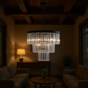 Modern 20 Inch Crystal Chandelier <b>3</b> Tier Black Iron <b>Pendant</b> <b>Light</b> For Living Room Dining Room - Product Image 2