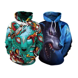 OEM Custom Fashion Oversize Animal 3d Digital Print Wolf Pullover street Sweatshirt Men's Hoodies