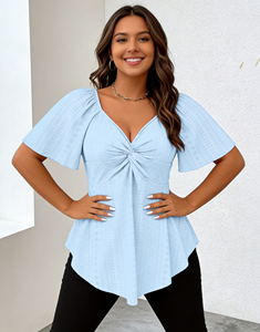 Blusa/Camisa Casual de Verano para Mujer de Talla Grande Joyinspring, Cuello en V, Manga Corta con Nudo, Dobladillo con Volantes, Fibra de Leche, Estampado 3D - Product Image 6