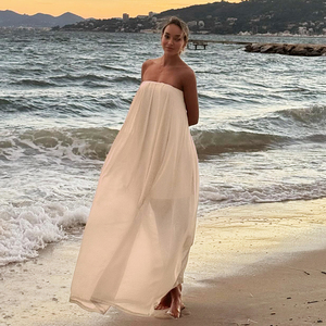 Robe longue décontractée minimaliste en tissu uni tissé, coupe trapèze fluide, sans bretelles, style bandeau, écologique, pour femme, plage et villégiature - Product Image 2