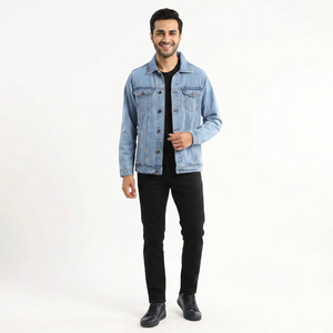 Newest Fashion Medium Washed Men's Jeans Jacket High Street Trendy Outfit <b>Covered</b> <b>Button</b> Jeans Jacket With Good Wholesale Price - Product Image 1
