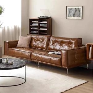 Mid Century Oil Wax Retro Genuine Leather <b>Sofa</b> Top Grain Cowhide Living Room Small Space Designer French <b>Sofa</b> <b>Set</b> - Product Image 1