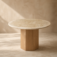 Table à manger 4 places en marbre travertin naturel, base en placage de chêne, style moderne minimaliste, pour hôtel, mobilier de salle à manger, personnalisable