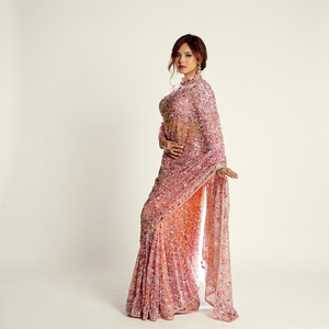 Sari en Georgette Douce Brodé Style Célébrité Bollywood de Qualité Supérieure avec Bordure, Collection Royal Export - Product Image 1
